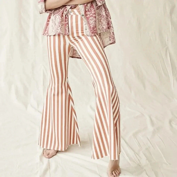 NWT Free People Just Float On Pants Jeans Flare Bell Bottoms Rust Stripe 30 - Picture 1 of 12